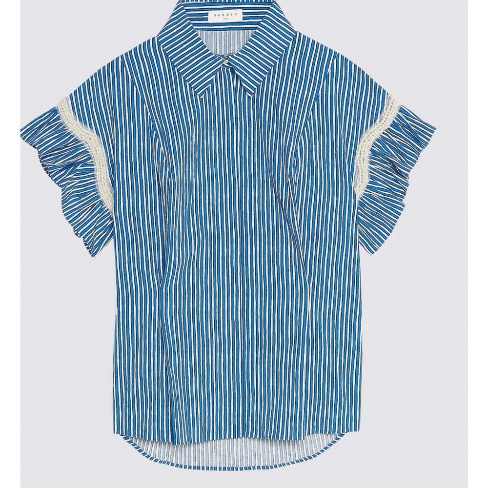 Sandro Blue and White Ruffled Button Down Shirt.